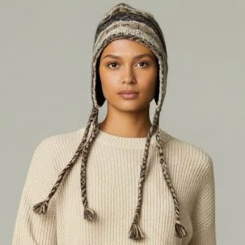 Newari Icelandic Brown Tan Cream Beanie 100% Wool Knit Ear Flaps With Tassels